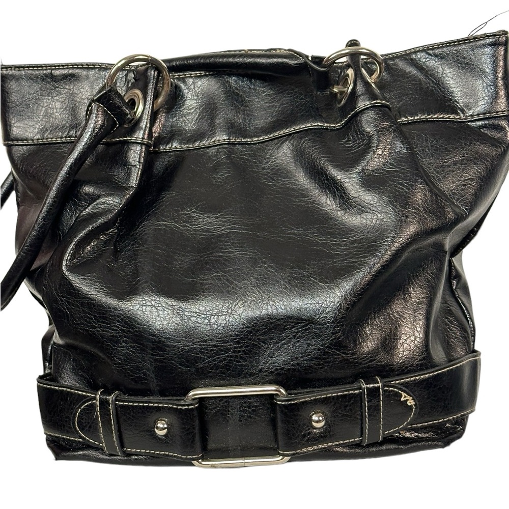 Rossetti Black Vegan Leather Shoulder Bag with Silver Buckle  and Long straps